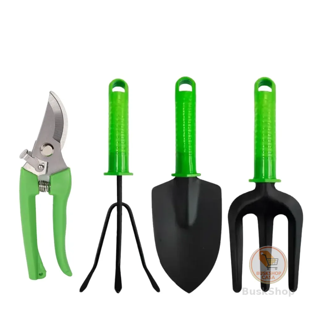 Kit Jardinagem 4 Peças Tesoura de Poda Pá Garfo e Rastelo Jogo de Ferramentas para Jardim e Plantas em Aço e PP