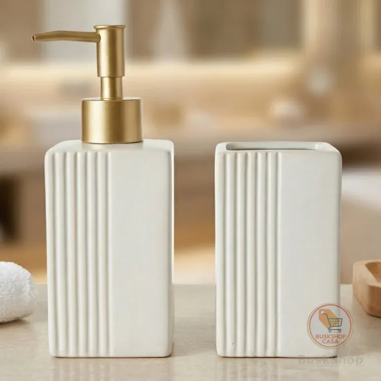 Kit Lavabo Porcelana Luxo Dispenser Porta Sabonete Liquido Porta Escova Decoração Banheiro