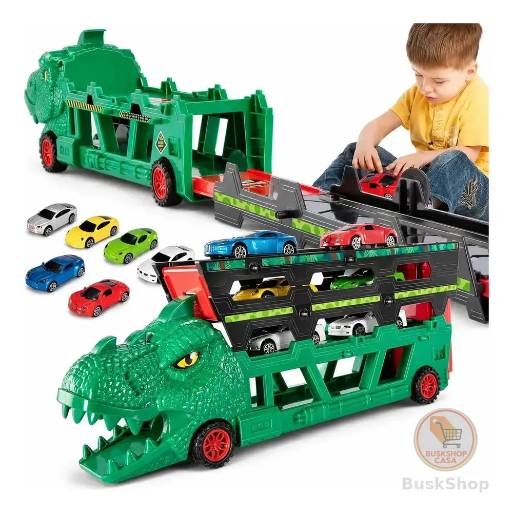 Lançador Carrinho Caminhão Dino Truck Carretinha Carreta Cegonha Leva Carros Dinossauro Com 6 Carrinhos Com Pista Infantil Kizumba Verde