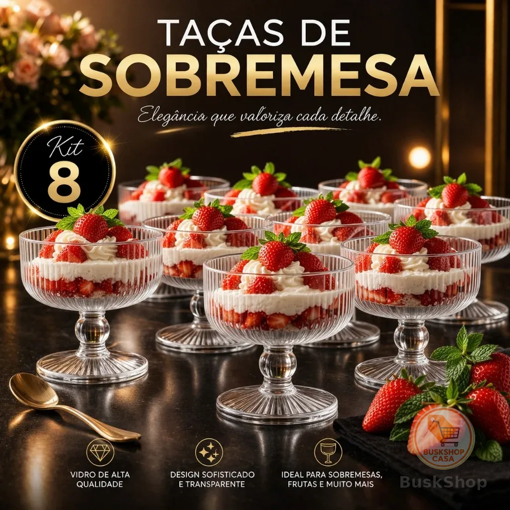 Jogo 8 Taças Sobremesa Sorvete Vidro Canelado 300ml Transparente Elegante Mesa
