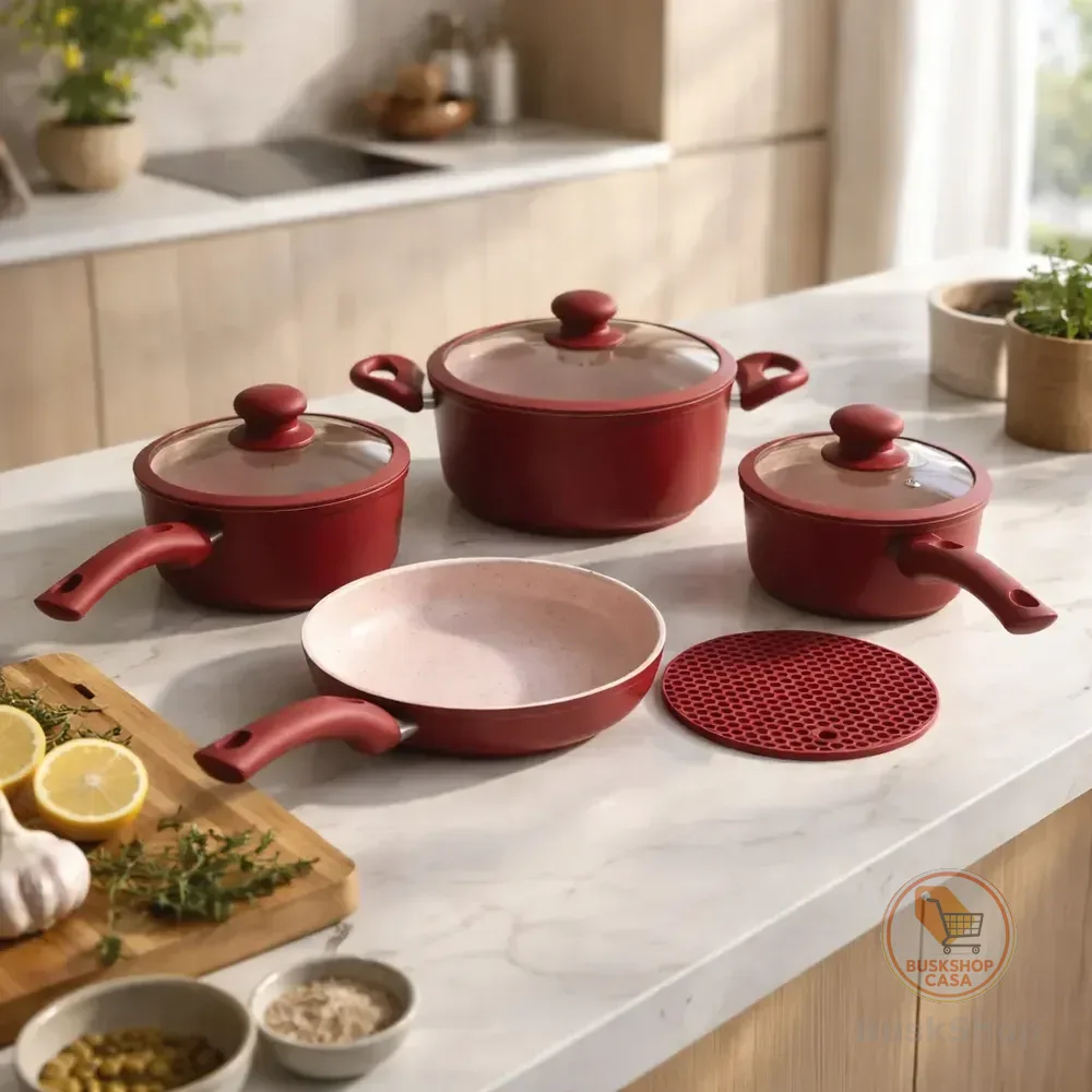 Jogo Panela Antiaderente Ceramica 5 Pçs Tampa Vidro Silicone Vermelha