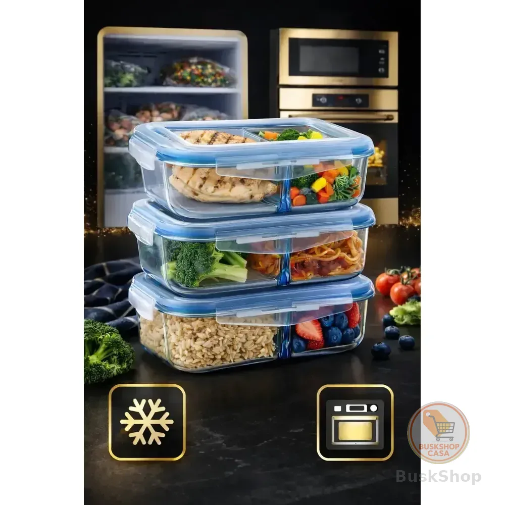 Kit 3 Potes Marmita Vidro Hermético 1040ml C/ Divisória Free Freezer Microondas Forno Água