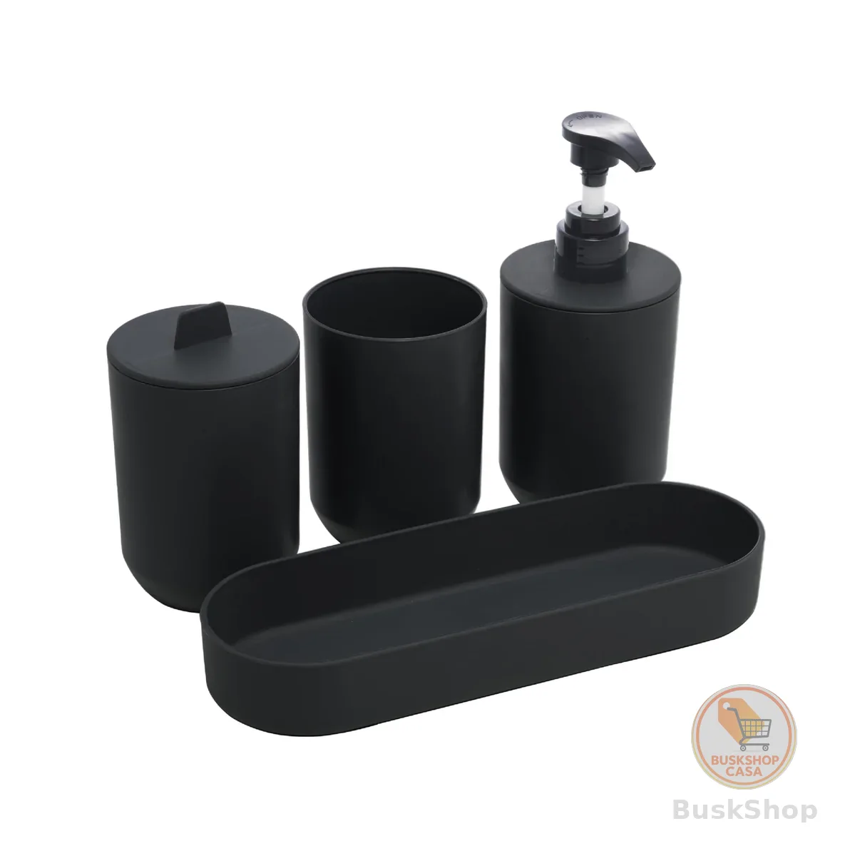 LYOR - Conjunto 4 Peças de Bambu e PP para Banheiro Preto - Porta-sabonete líquido, Porta-escova de dentes, Saboneteira, Porta Algodão