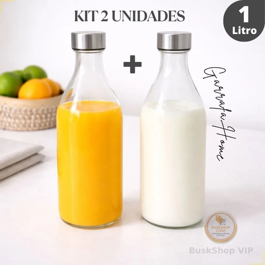 Kit Garrafas de Vidro 1 Litro Tampa Inox Para Água Suco Leite Geladeira Jarra Fechamento Hermético