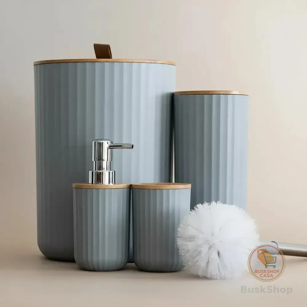 Kit Banheiro Lavabo Bambu 4 Peças Lixeira Escova Dispenser Cinza