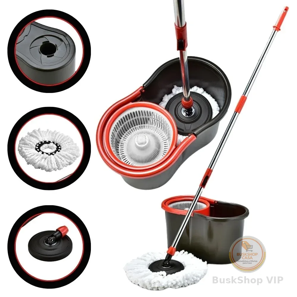 Mop Giratório Profissional limpeza 360° Esfregão (com alça de 125 cm, balde giratório) - inclui 2 recargas microfibra