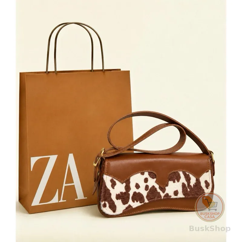 Bolsa Baguete de Ombro Feminina Estampa de Vaquinha Novidade Country