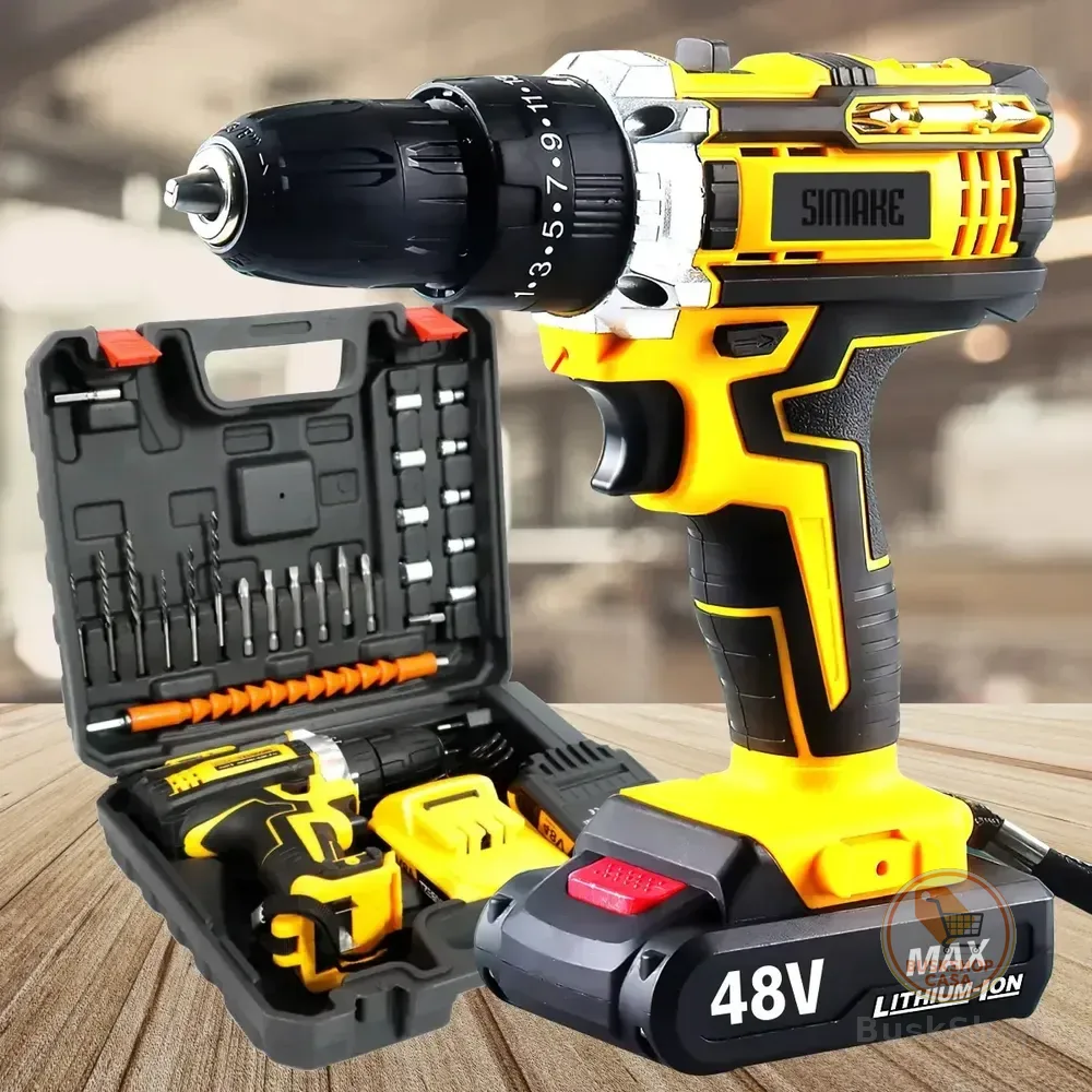 Parafusadeira Furadeira C/ 2 Baterias Maleta Kit Completo Led Eixo Flexível Vários Níveis Torque Simake Amarelo 127/220v 60 Hz