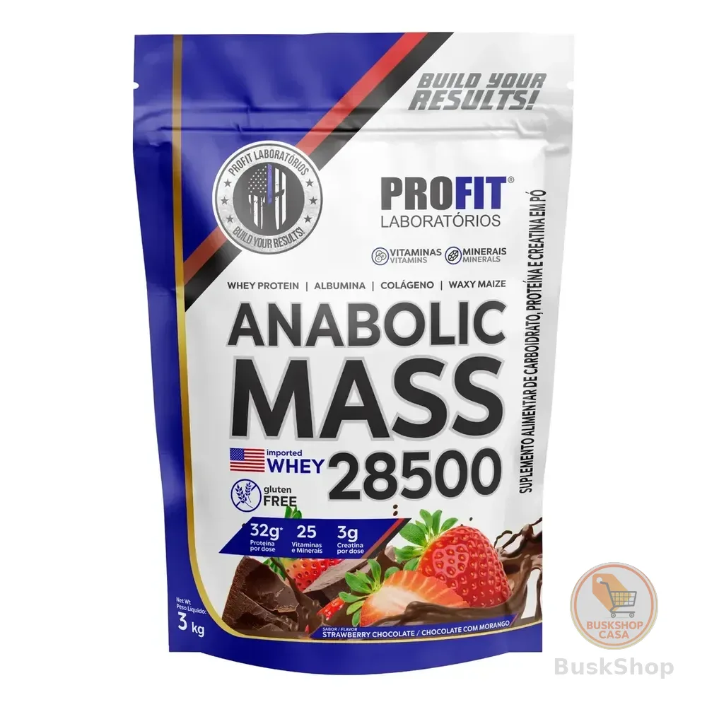 Hipercalórico Anabolic Mass 28500 3kg Profit Labs Sabor Chocolate Com Morango