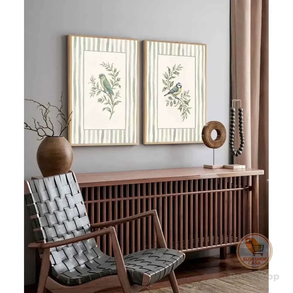 Kit 2 Quadros Decorativo Pássaros Coloridos Sala Com Moldura Bege