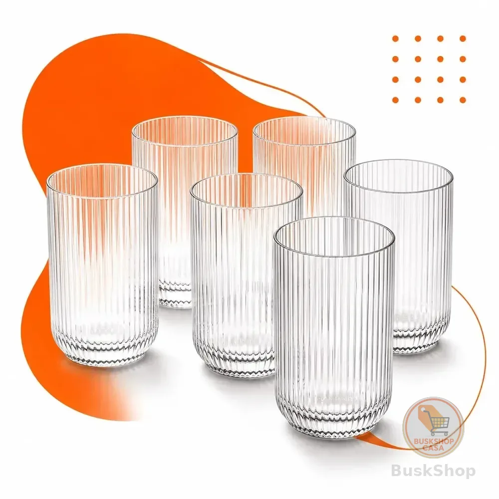 Jogo 6 Copos Vidro Canelado 423ml Moderno Elegante Premium Vinho Água Suco Drinks Gin Whisky Jogo Copos Taça Copo Conjunto Design Luxo Texturizado Cozinha Restaurante Decoração Hold On