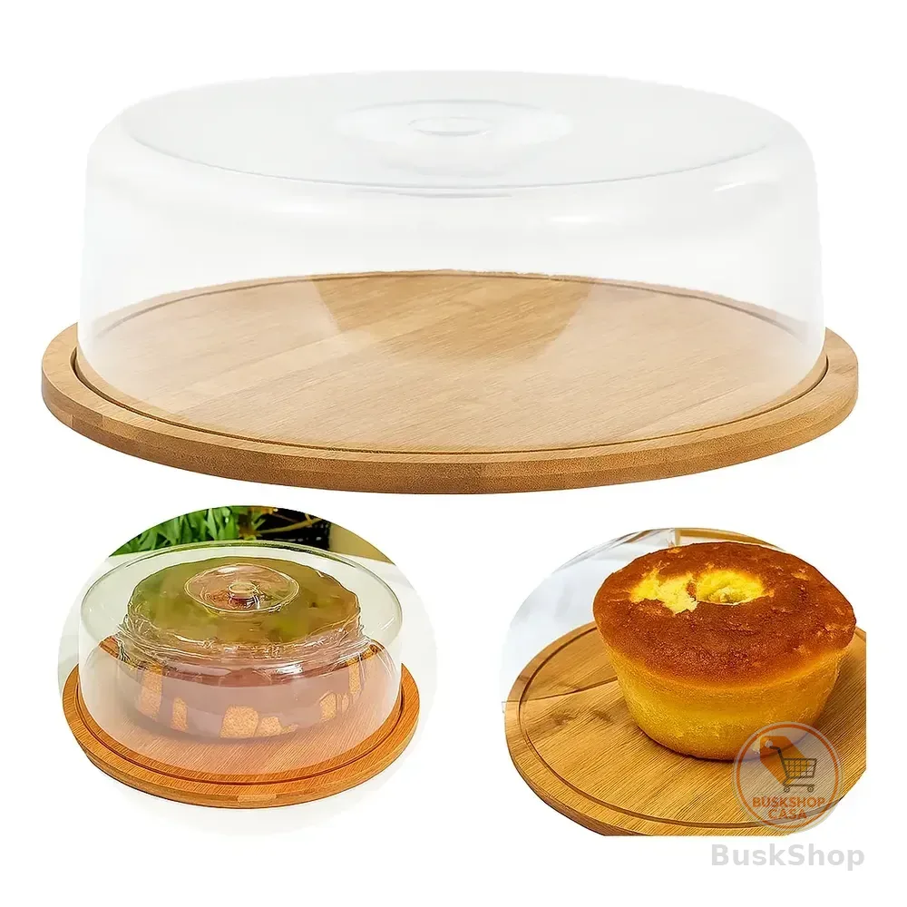 Porta Bolo Torta De Bambu Boleira Com Tampa Acrílica 28 Cm
