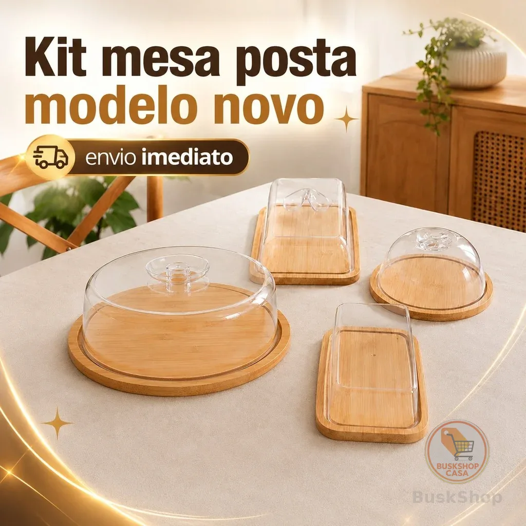 Kit Mesa Posta de Bambu – Queijeira + Manteigueira + Boleira + Porta-Frios | Ideal para Café da Manhã