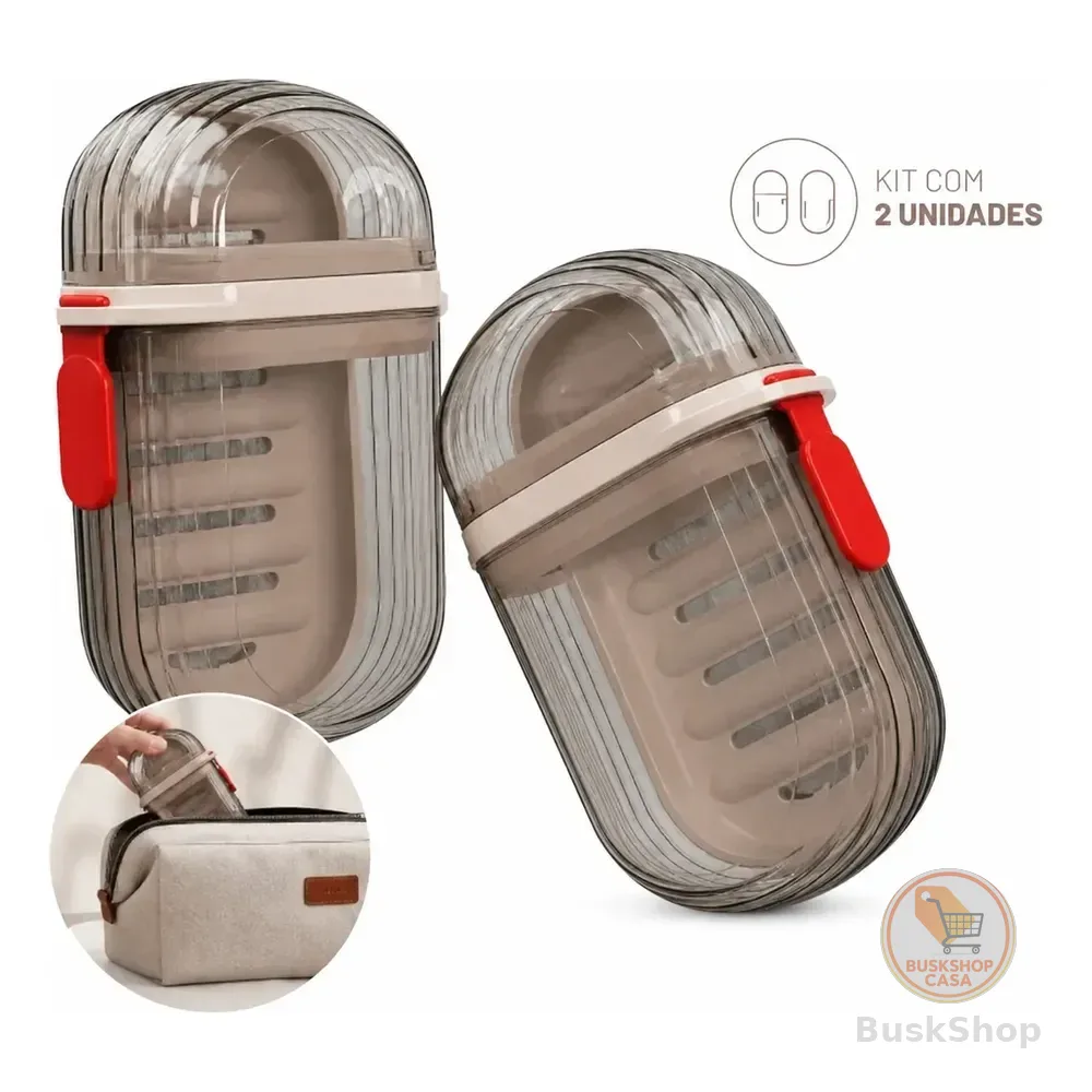 Kit 2 Saboneteira Viagem Com Estojo Dupla Drenagem E Trava Marrom