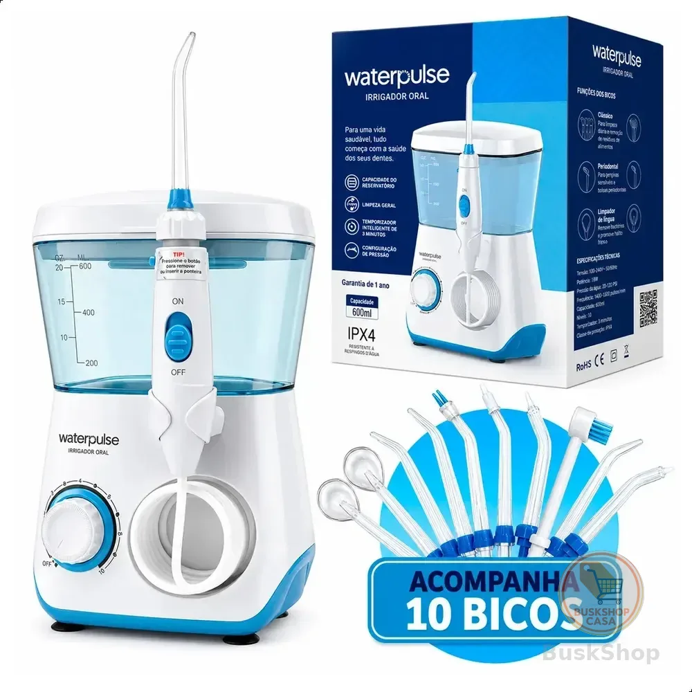 Irrigador Oral Dental Wp62 10 Bicos Waterpulse - Elétrico Bocal Jato Limpador De Língua Água Dentes Boca Gengiva Mangueira 10 Modos Pressão Potente Silencioso 145 Psi 600ml Azul 127/220v