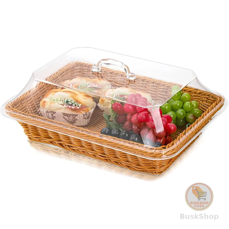 Cesta de pão de vime de imitação tecida à mão com tampa, cesta de armazenamento de escorredor frutas