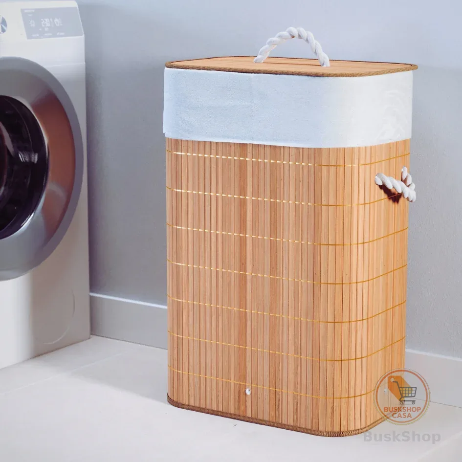 Cesto De Roupa Suja Bambu 72 Litros Lavanderia Com Tampa e Alças Forrado Grande Organizador Banheiro