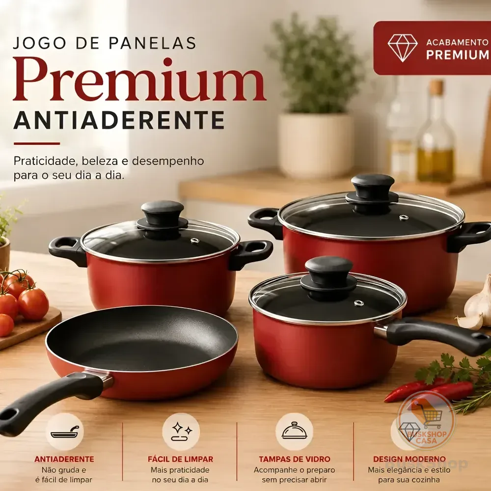 Jogo De Panelas Premium Antiaderente Com Tampa De Vidro Vermelho