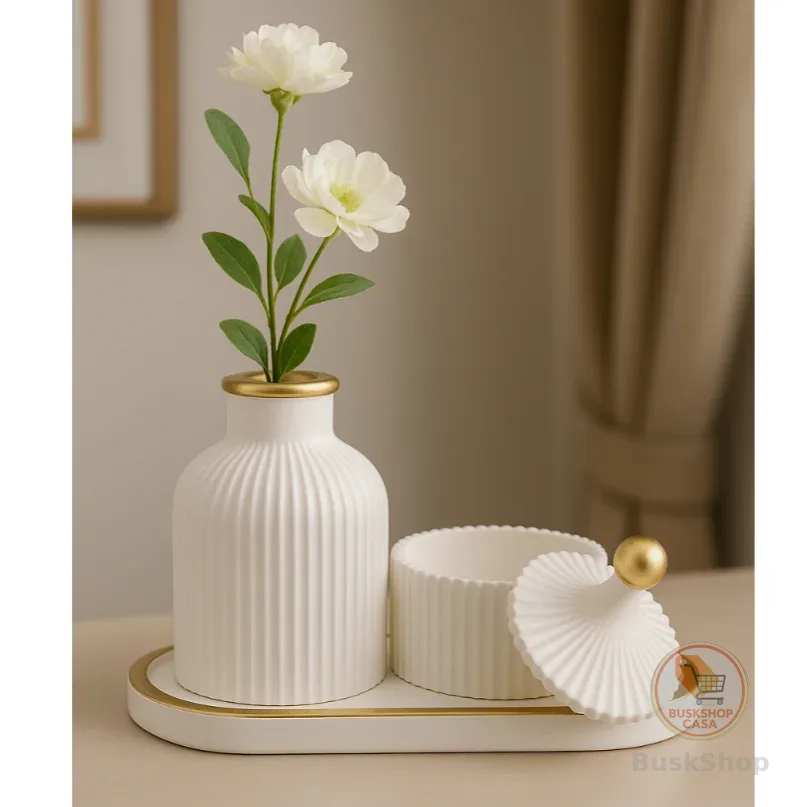 Kit Decorativo com Detalhe Dourado 3 Peças Vaso Bandeja e Porta Objetos