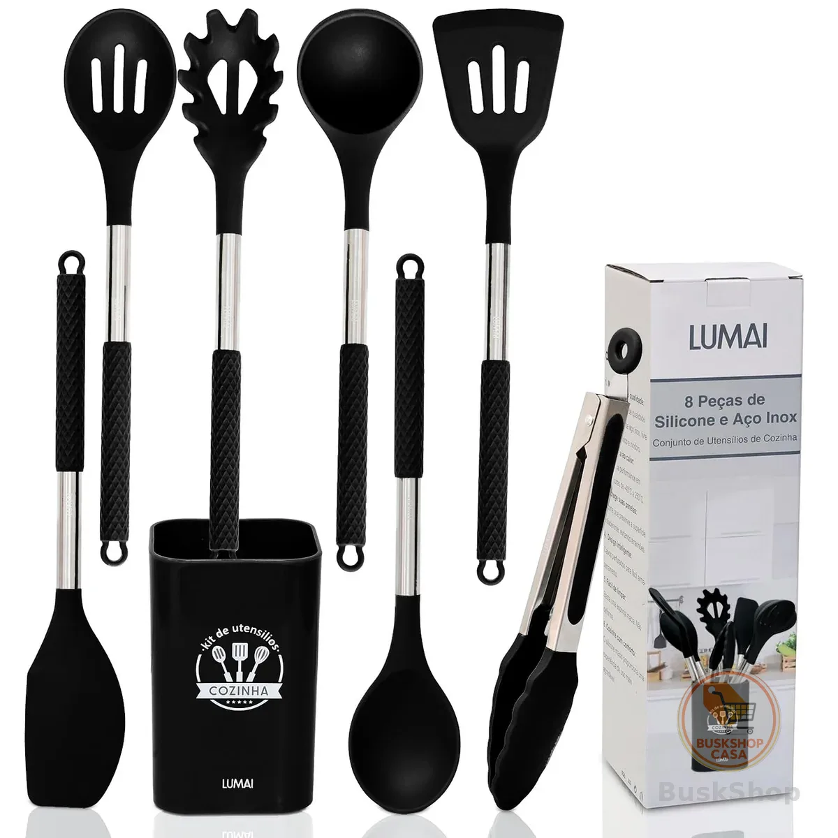 LUMAI Kit Utensílios de Cozinha Inox e Silicone 8 Peças com Suporte - Preto
