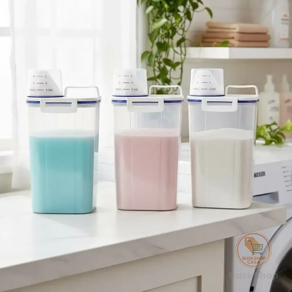 Kit 3 Potes Dispenser Hermético 2l Multiuso Lavanderia Porta Sabão Em Pó Com Copo Medidor Bico Dosador E Travas Branco