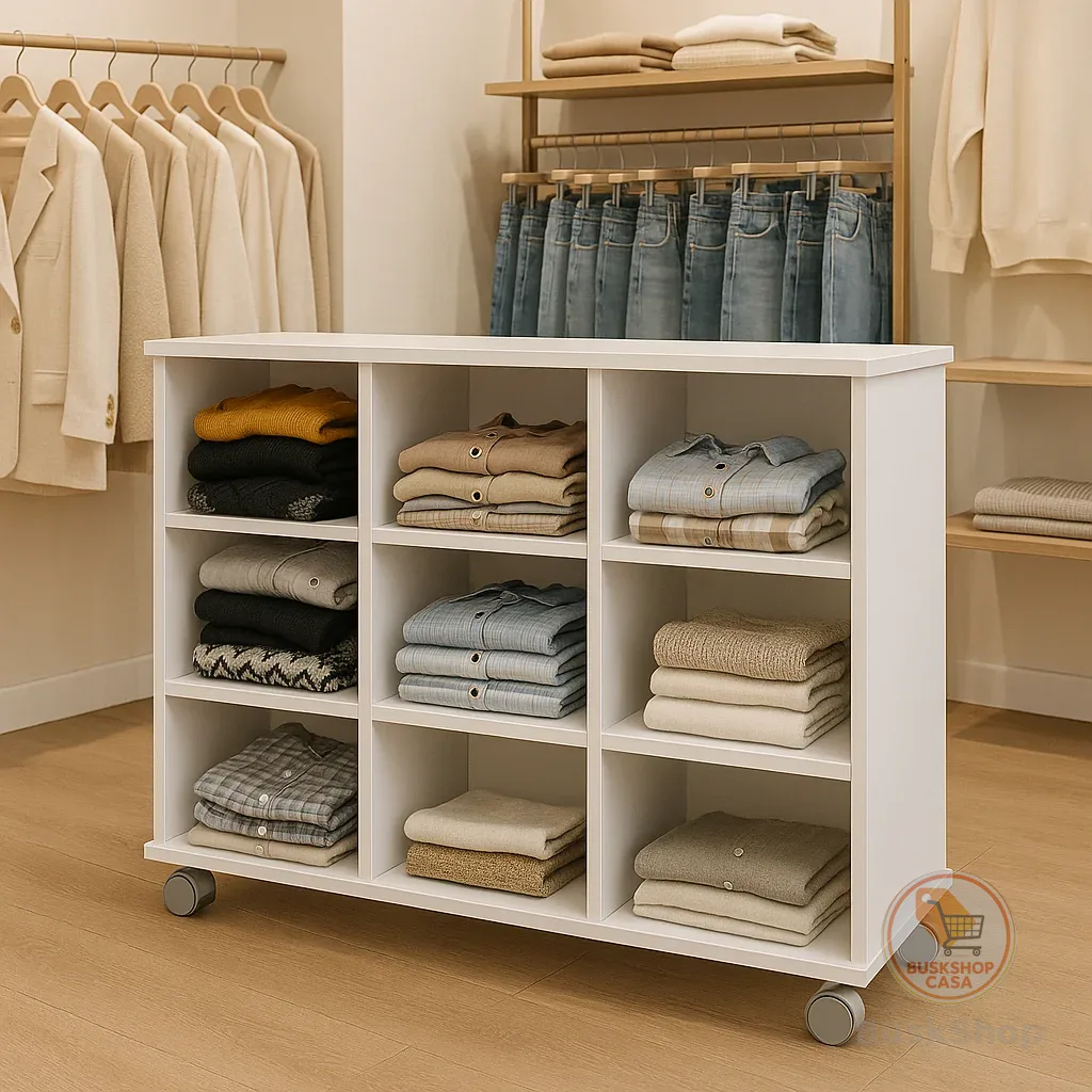 Móvel Expositor para Loja de Roupas 9 Nichos com Rodinhas  Branco Estante organização Closet