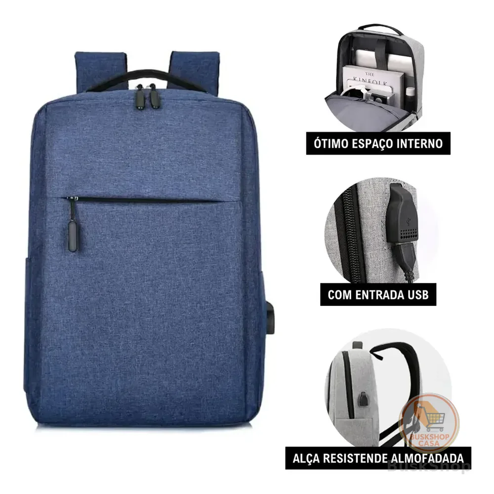 Mochila Impermeável Com Usb Carregador Reforçada Cor Azul - Miran Liso