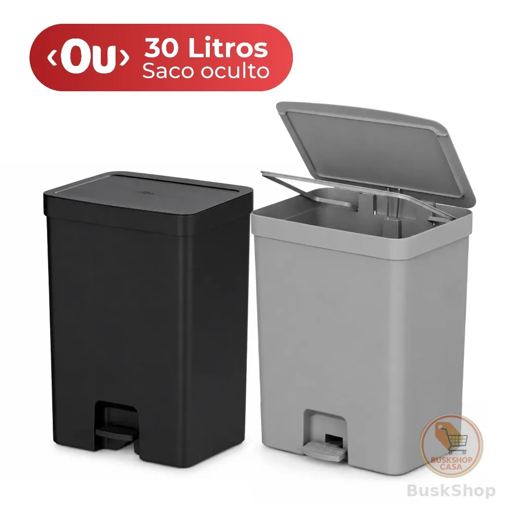 Lixeira de Pedal 30 Litros Lixeira para Cozinha Banheiro Linha Trium Cinza Preto Lixeira Quarto OU