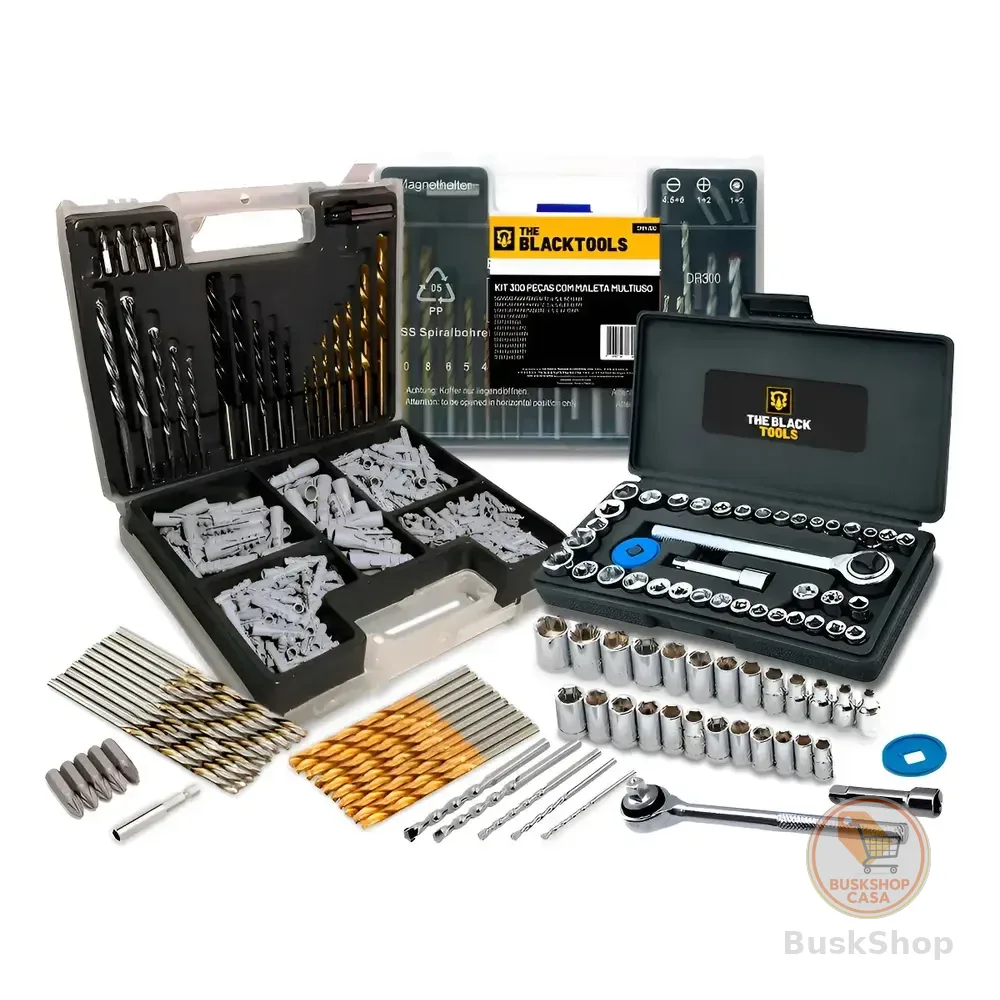 Jogo De Brocas Buchas E Bits Com 300 Peças E Maleta + Kit Chaves Catraca Reversível 40 Peças The Black Tools