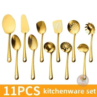 Kit 11/4 Peças Utensílios de Cozinha Dourado - Espátula Colher Concha Escumadeira Pegador de Pizza