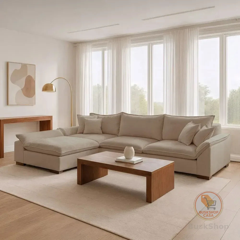 Sofá Modulado Com Chaise Dominique Base Em Madeira Fe Bege