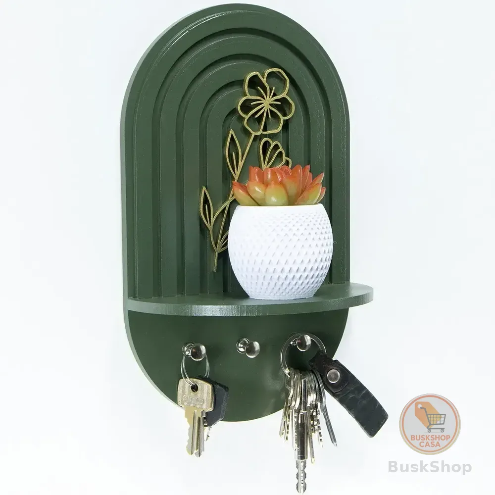 Porta Chaves Com Prateleira Boho Floral Verde Mdf Decoração Verde
