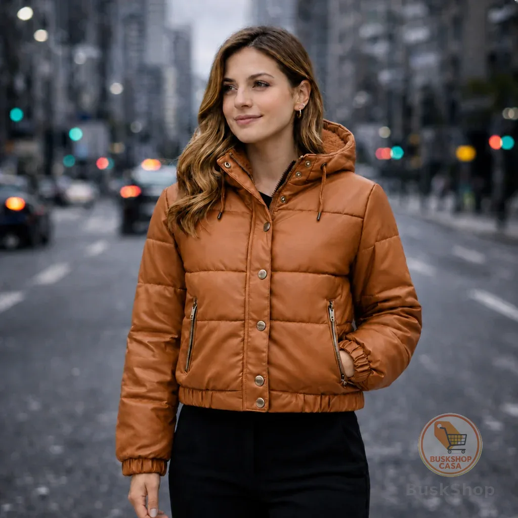 Jaqueta de Couro Feminina Puffer Bobojaco Cropped Peluciada Capuz Removivel