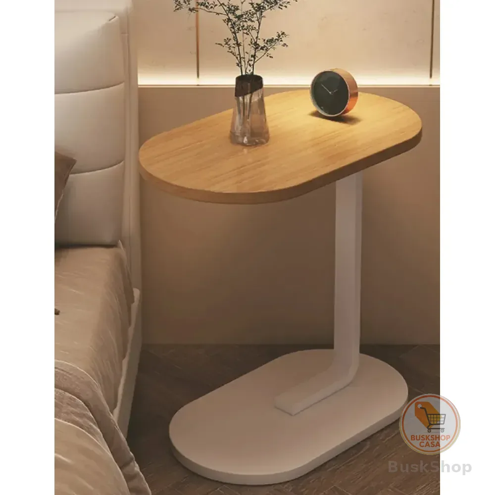 Mesa Lateral Sofá Cama Portátil Madeira Aço Apoio Canto Decorativa Sala Quarto Minimalista Moderna Multiuso Cor Bege Revolux