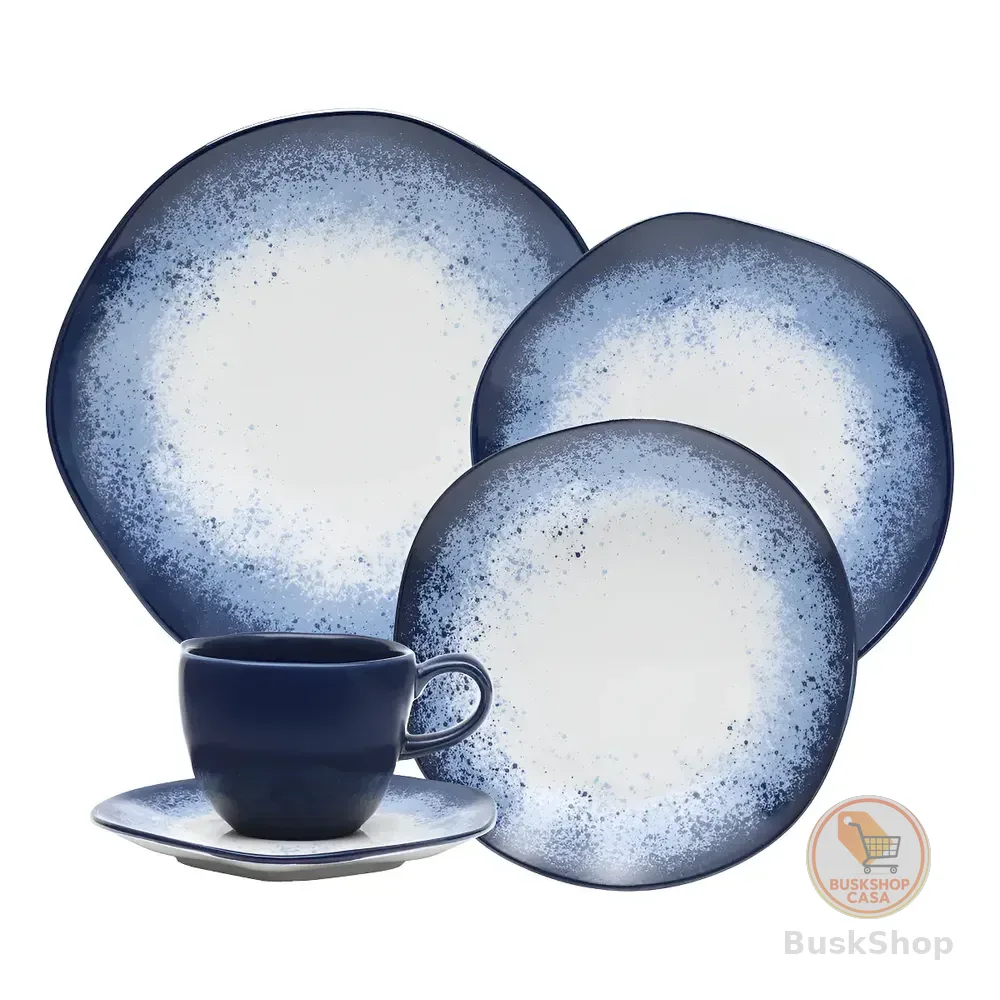 Aparelho De Jantar 20 Peças Galapagos Ryo Oxford Porcelana Branco E Azul Estampado