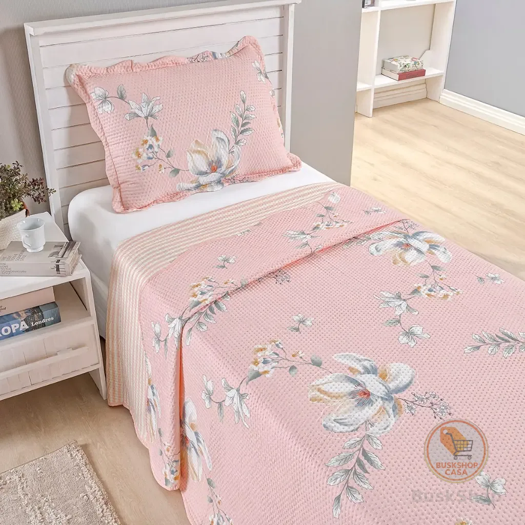 Kit Cobre Leito Colcha Solteiro Bouti 2 Peças Dupla Face Estampada Porta Travesseiro Aba Americana