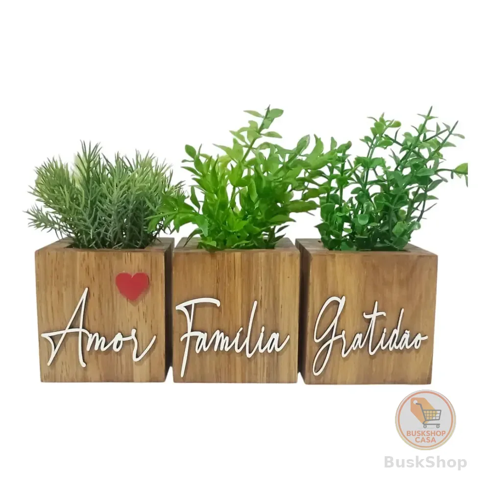 Vaso Decorativo Planta Artificial Cachepot Frase Enfeite Madeira Natural / Verde