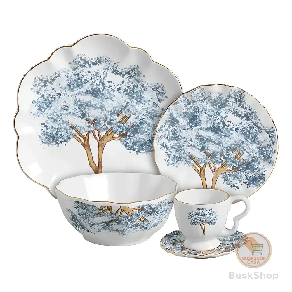 Aparelho Jantar 20 Peças Ype Azul Filete Dourado, Scalla Ceramica Florido