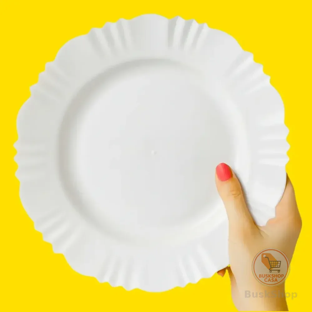 Kit 50 Prato Plástico Reutilizável Merenda Lanche Escolar Branco Pétala