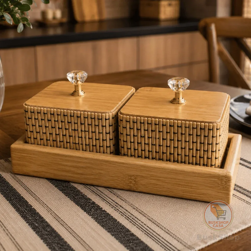 Kit 3 Peças de Bandeja Multiuso Organizadora 2 Potes em BAMBU + 1 Base Trabalhada COM TAMPA Moderna