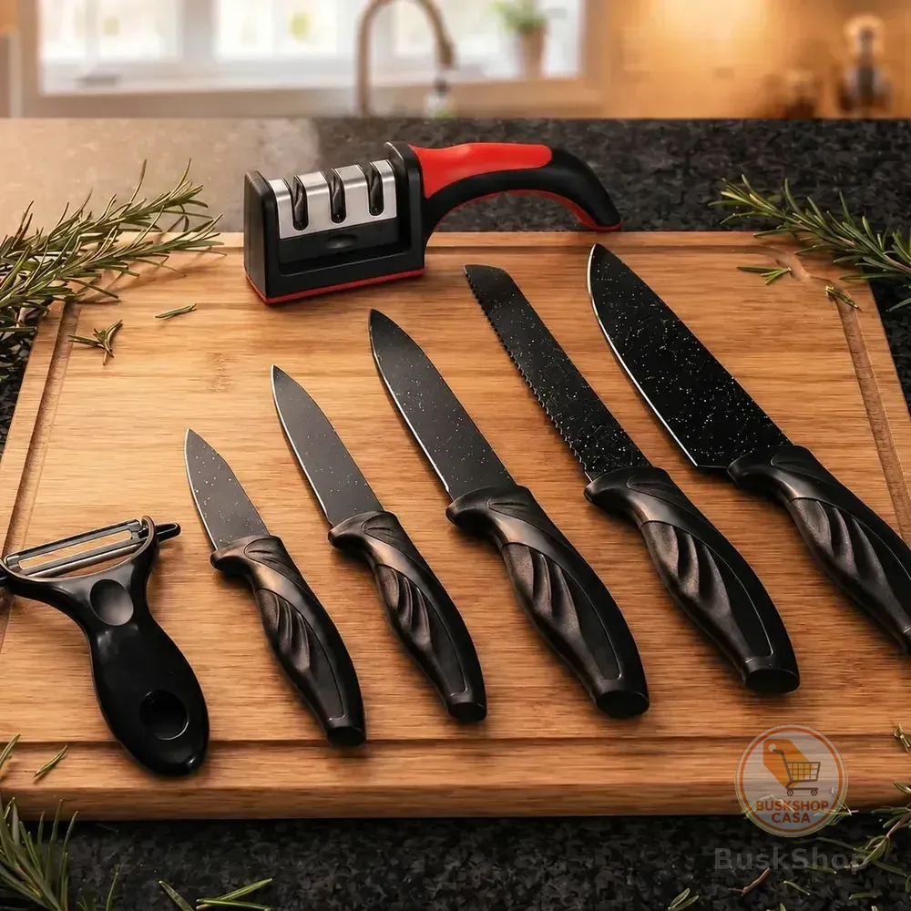 Kit Jogo De Facas 7 Peças Cozinha Aço Inox Corte Afiado Amolador Churrasco Sólar Preto