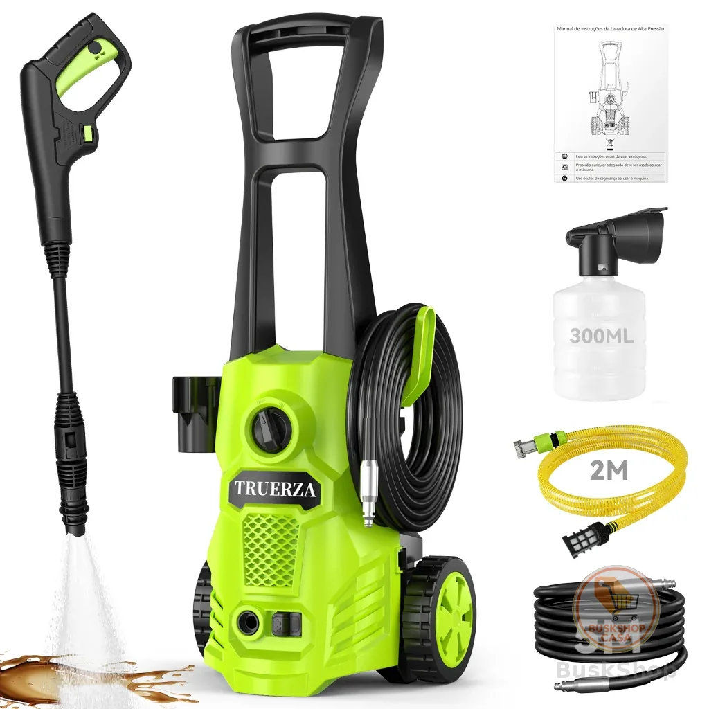 Lavadora De Alta Pressão Portatil 1800W 360/L/H com Mangueira 5m - Ideal para Carros, Calçadas e Jardins 110V/220V
