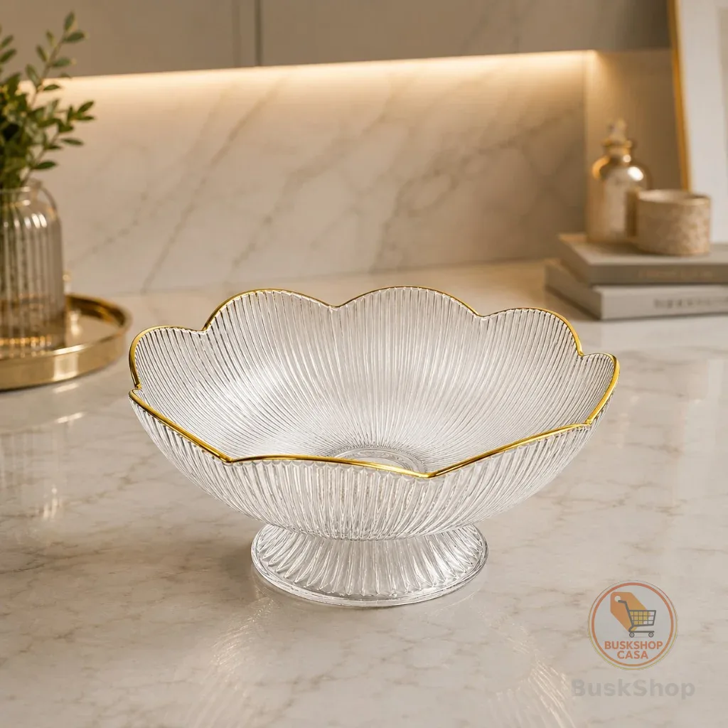 Fruteira Centro De Mesa Transparente Com Borda Dourada Luxo