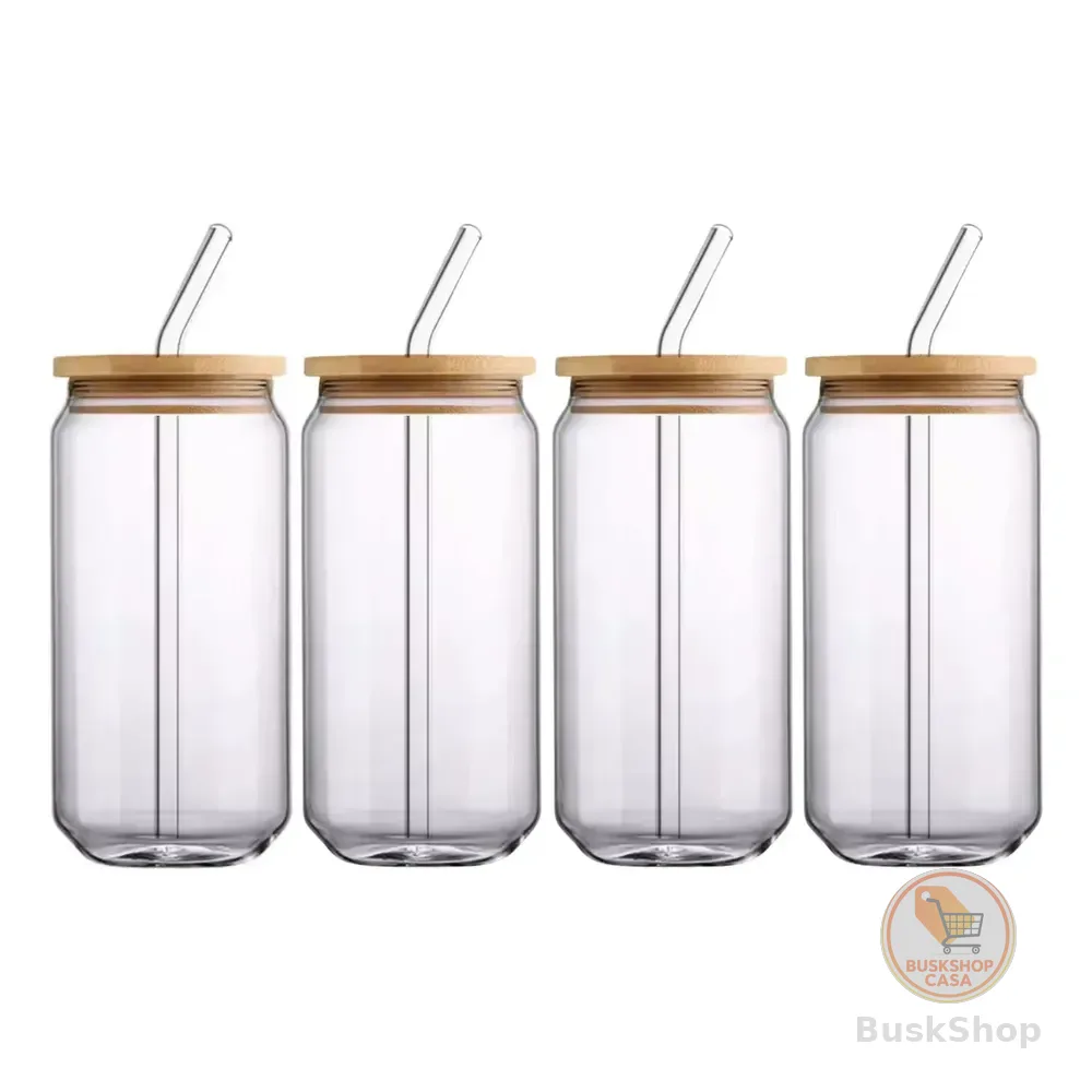 Copo Vidro Caipirinha Kit 4 Com Tampa Bambu Canudo Ecologico Transparente