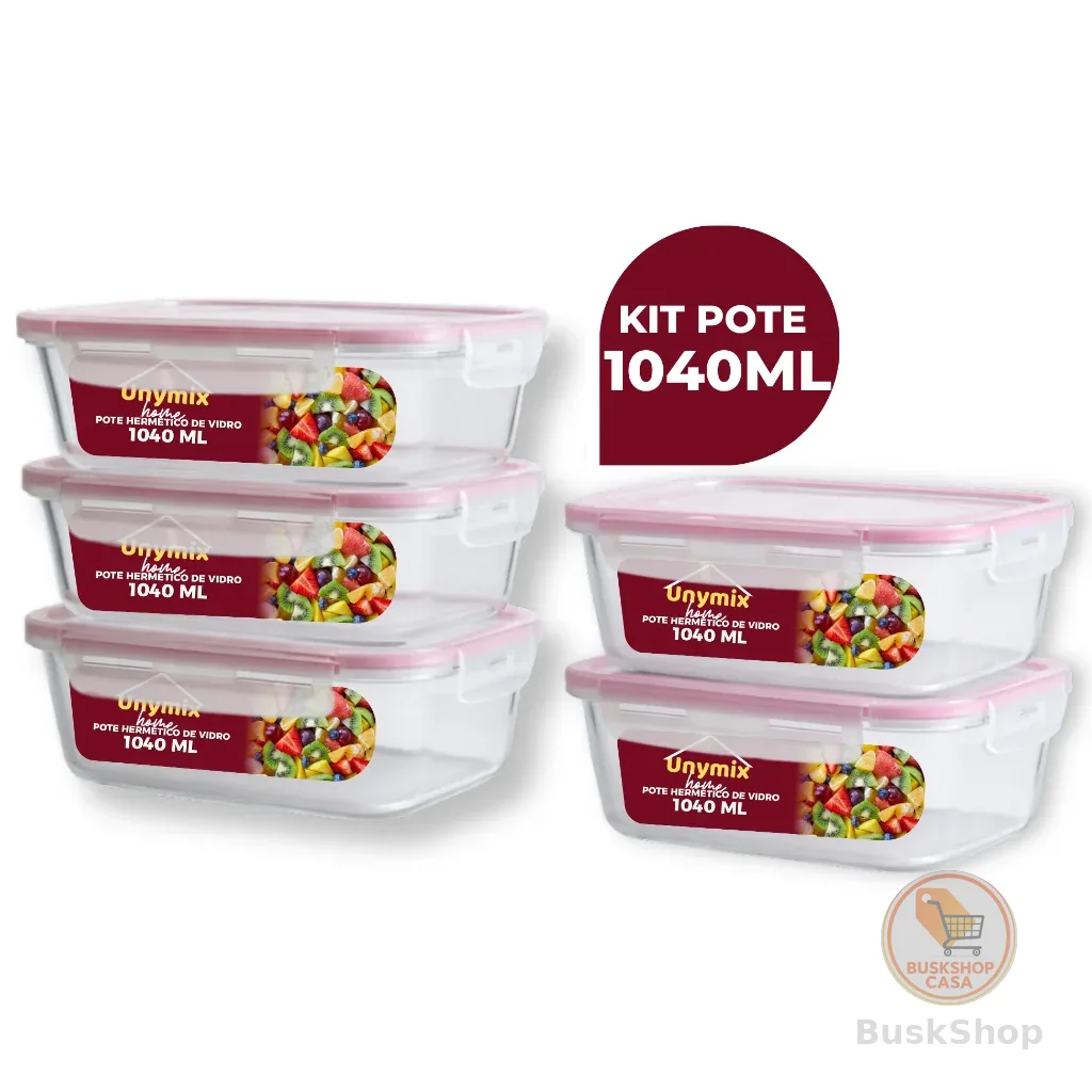 Kit 3/5/10 Potes Vidro Hermético 1040ml Retangular 4 Travas Transparente Premium