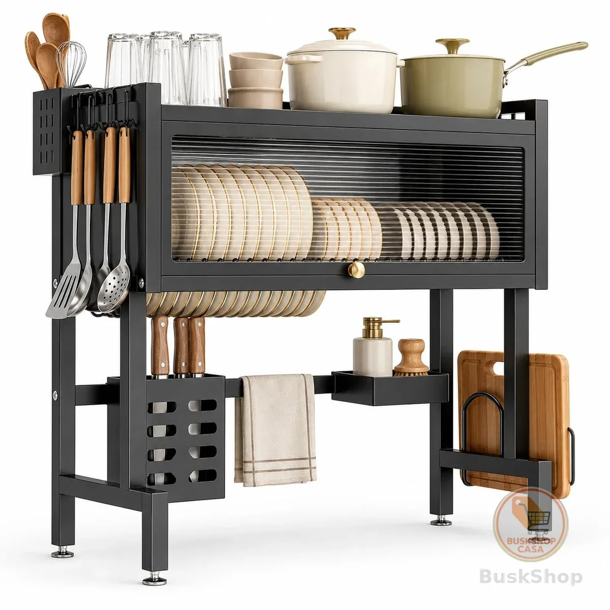 Escorredor de Louça Suspenso 95cm Preto Organizador de Pia Cozinha com Porta Pratos, Copos, Talheres, Utensílios e Escova de Limpeza
