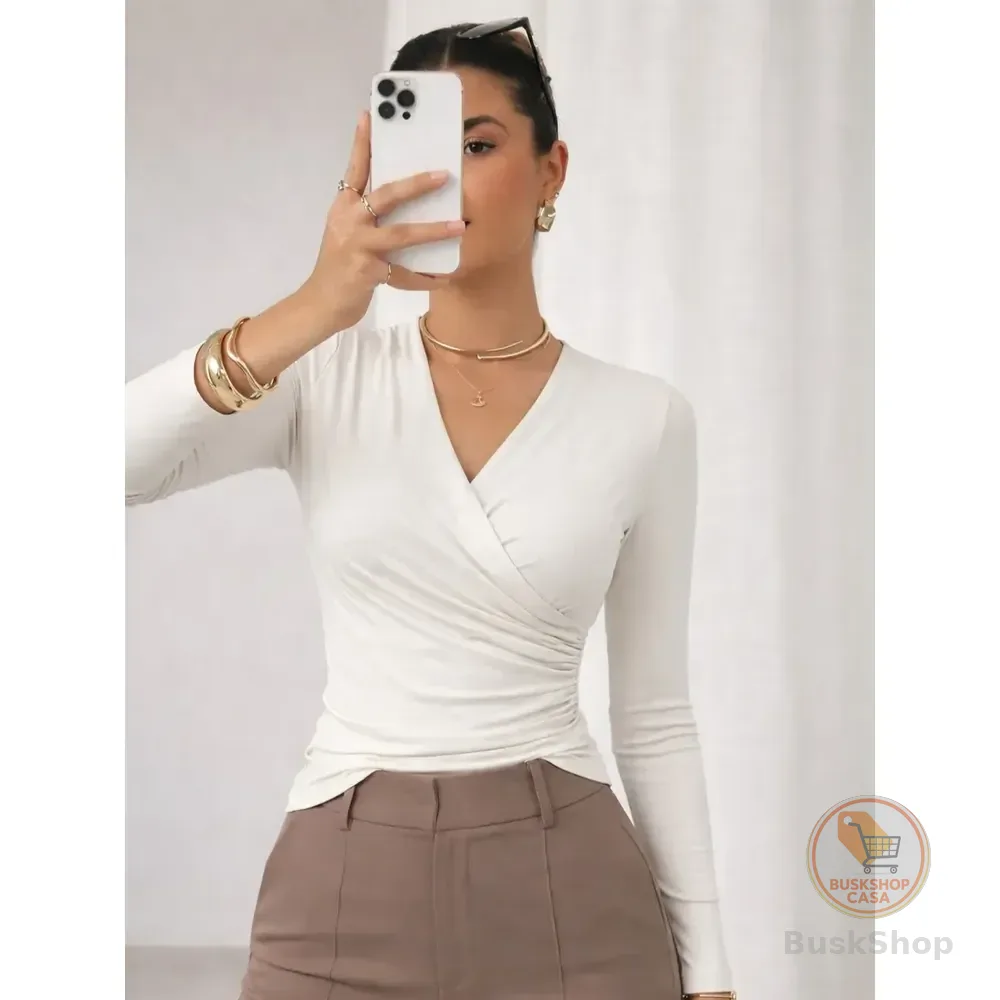 Blusa Feminina Suplex Manga Longa Decote V Slim Off-white G