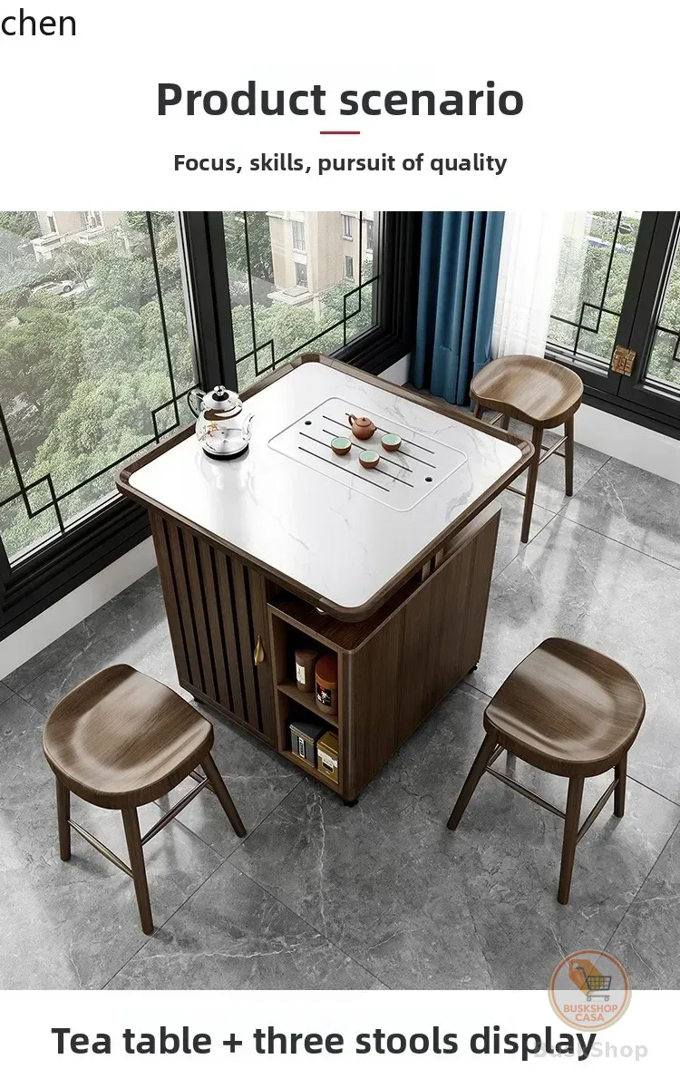 Conjunto de Mesa e Cadeiras para Varanda i5.15 com Rodas, Tampo de Pedra e Madeira Sólida, Ideal para Casas Pequenas, Carrinho de Chá Estilo Zen