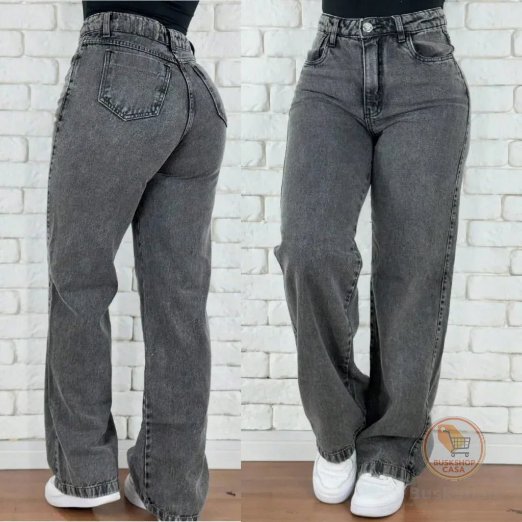 Calça Jeans Feminina Wide Leg Marmorizada Cintura Alta Empina Bumbum
