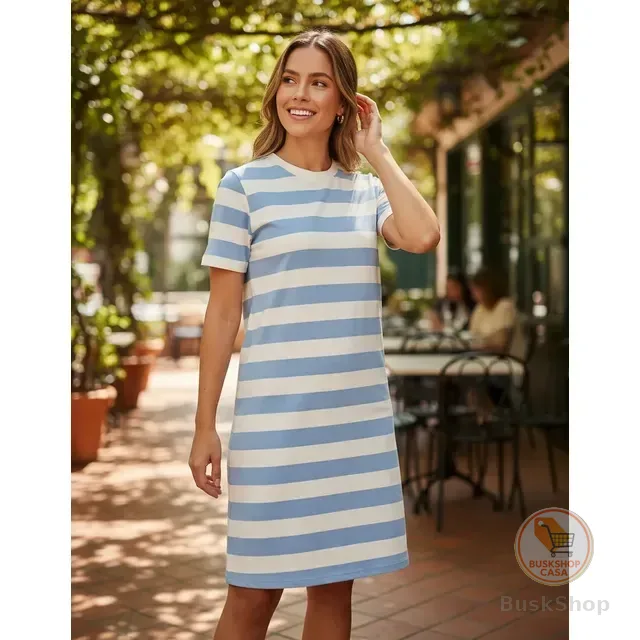 Vestido Manga Curta T-shirt Casual Listrado Algodão Básico